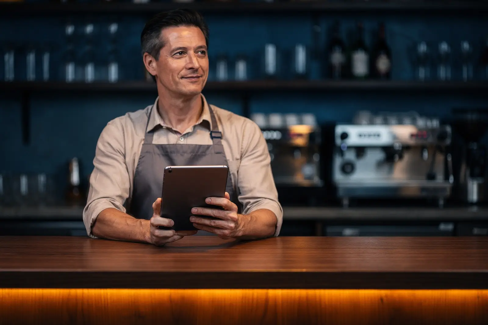 Gastronom mit Tablet hinter dem Tresen seines Betriebs, Espressomaschine im Hintergrund